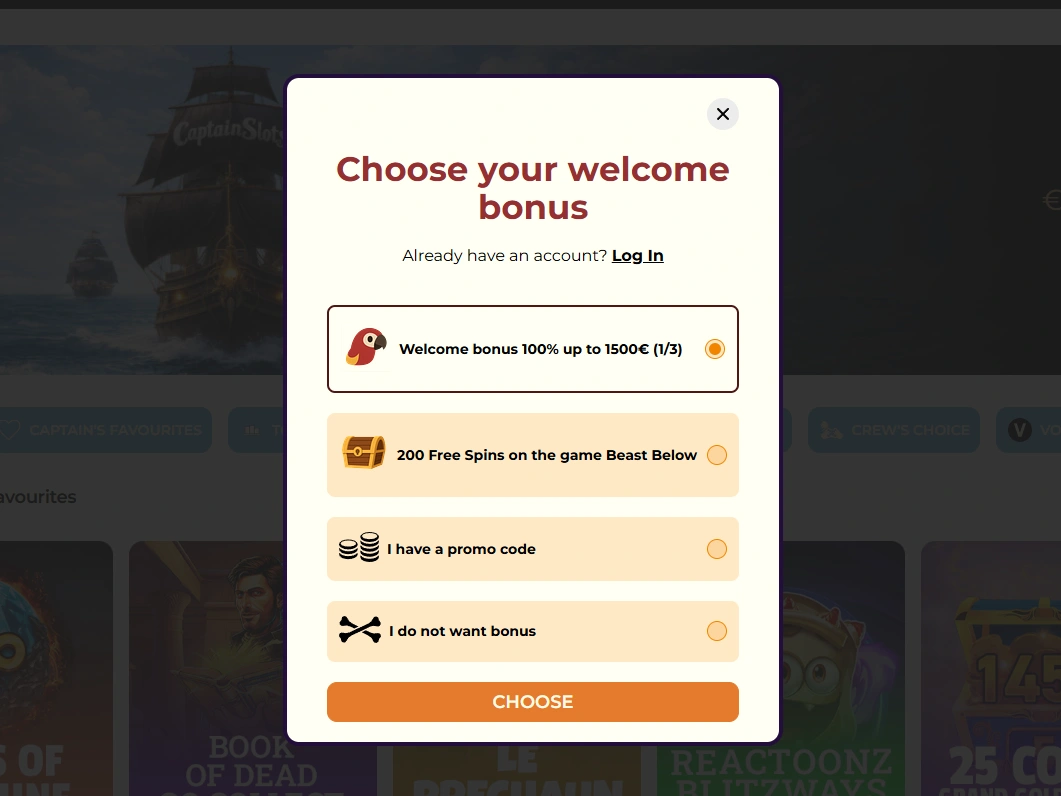 Page de sélection du bonus de bienvenue avec options de tours gratuits et code promo