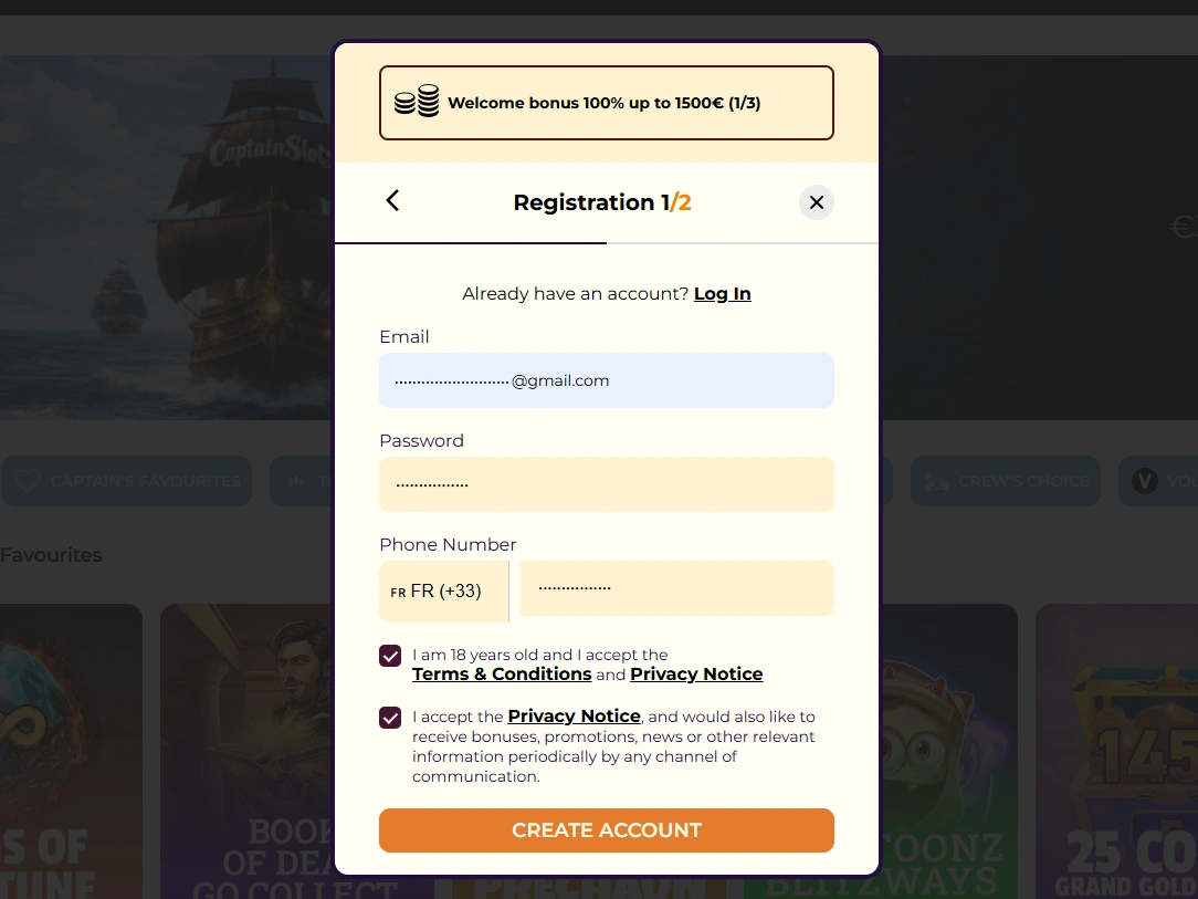 Formulaire d'inscription avec champs e-mail, mot de passe, téléphone français et cases de consentement