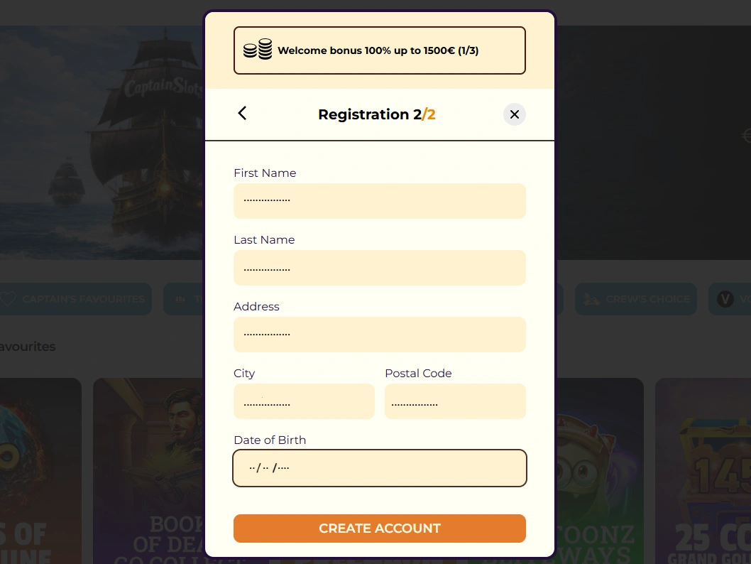 Formulaire avec prénom, nom, adresse, ville, code postal et date de naissance, bouton CREATE ACCOUNT visible